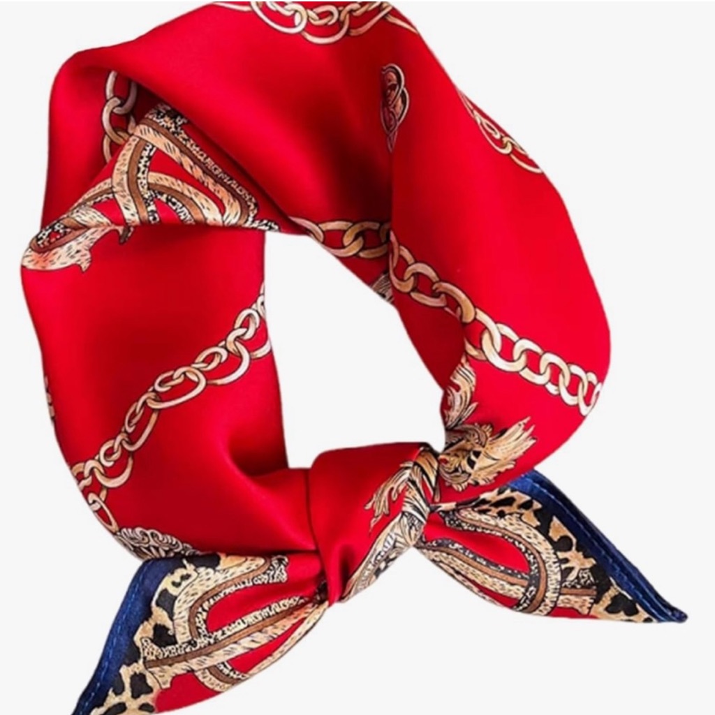 100% Mulbery Silk Elegant Red And Blue Chain Print Scarf Red Chain 21x21” New